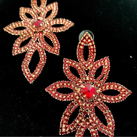 Gorgeous Ruby Red Flower Drop Earrings - Picture 3 of 7